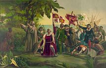 First Landing of Columbus on the Shores of the New World, after the painting by Discoro Téofilo de la Puebla