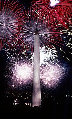 Fireworks behind the Washington Monument