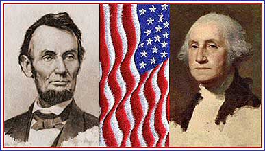 Pictures of Presidents George Washington and Abraham Lincoln with a flag in between their pictures