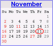 Calendar for November 2008 with the twenty-first circled in red