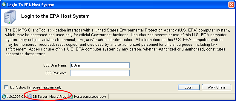 EPA Host System Login Screen with database name circled