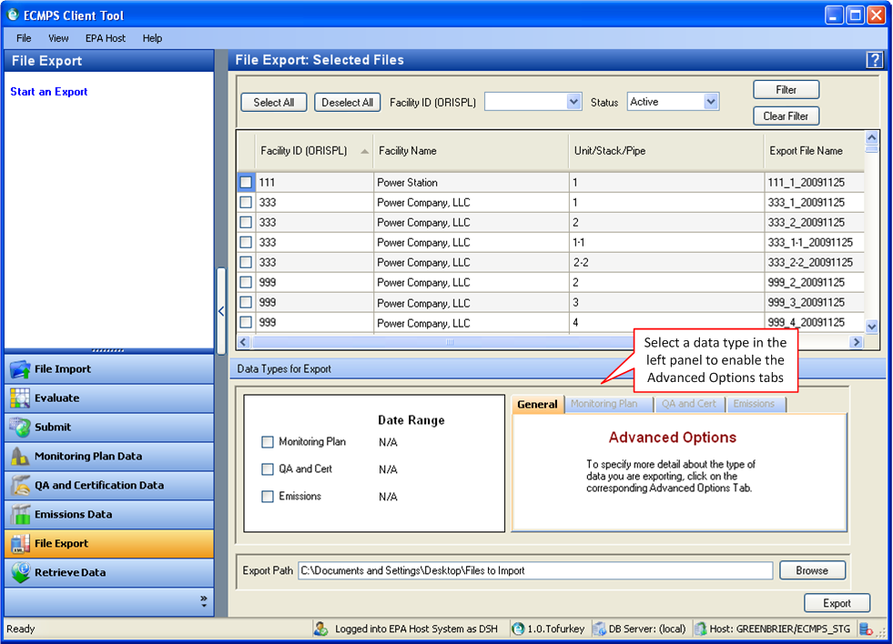 Selecting Files to Export