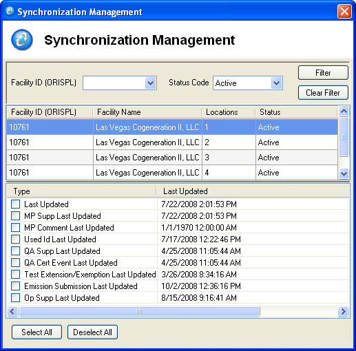 The Synchronization Management screen has two grids. The top data grid contains the availible facilities, and the bottom grid contains the types of data that you can synchronize.