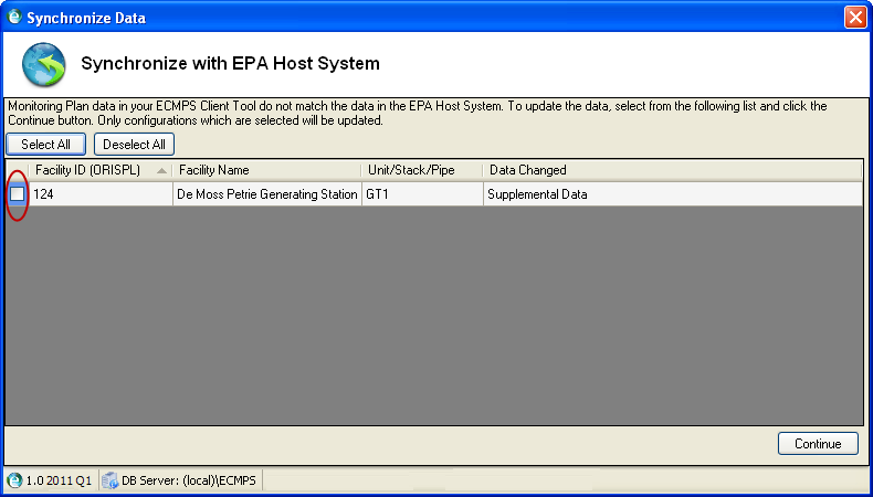 The Synchronize Data popup box has check boxes on the left side of the main data grid. Check these boxes to synchronize the Monitoring Plans with the EPA Host.