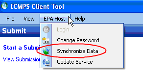 The Synchronize Data function is located under the EPA Host dropdown menu at the top of the screen.