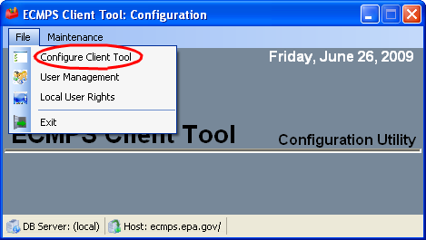Selecting Configure Client Tool from the File Menu